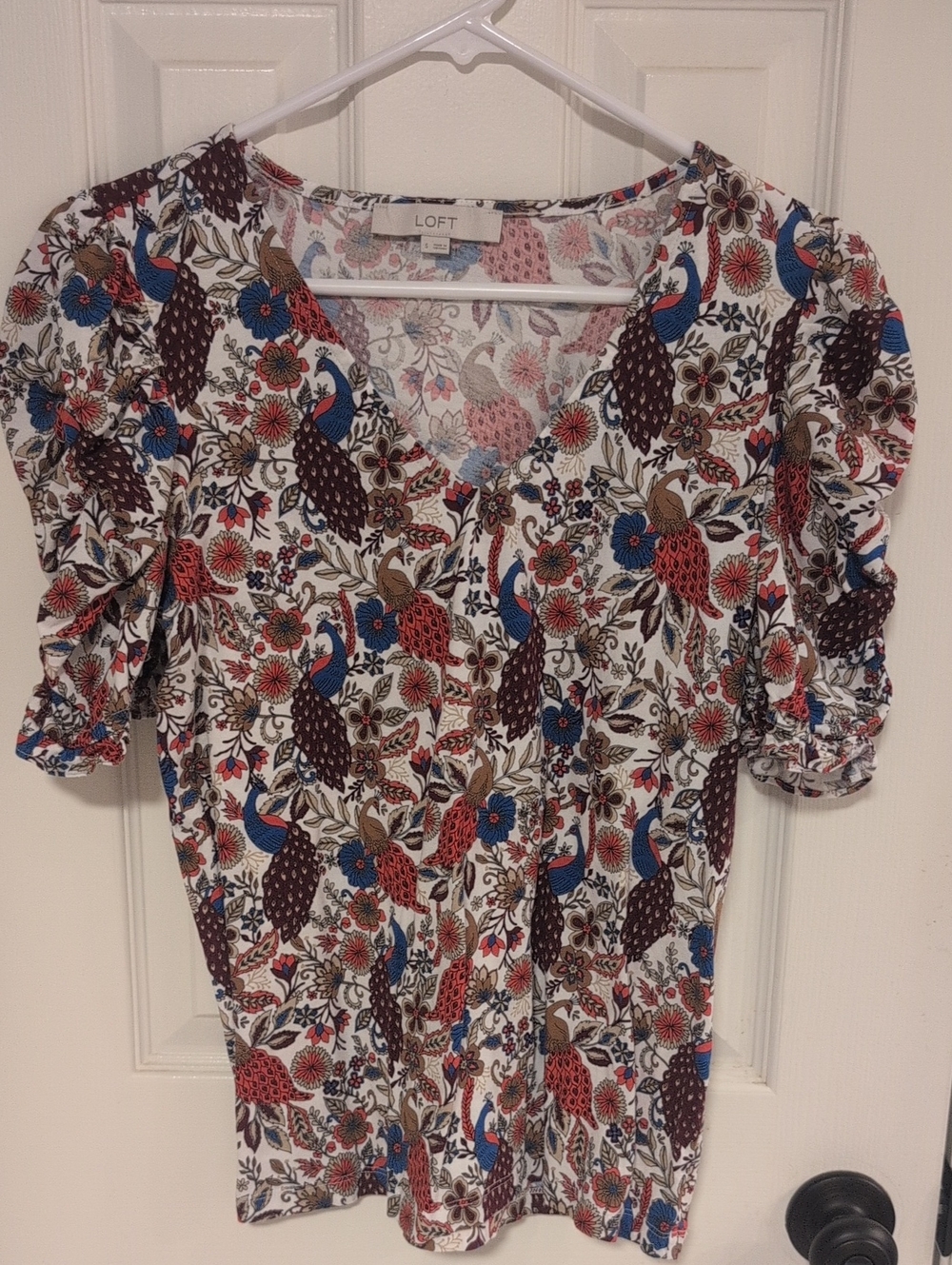 LOFT White Floral & Peacock-Print V-Neck Puff Sleeve Top